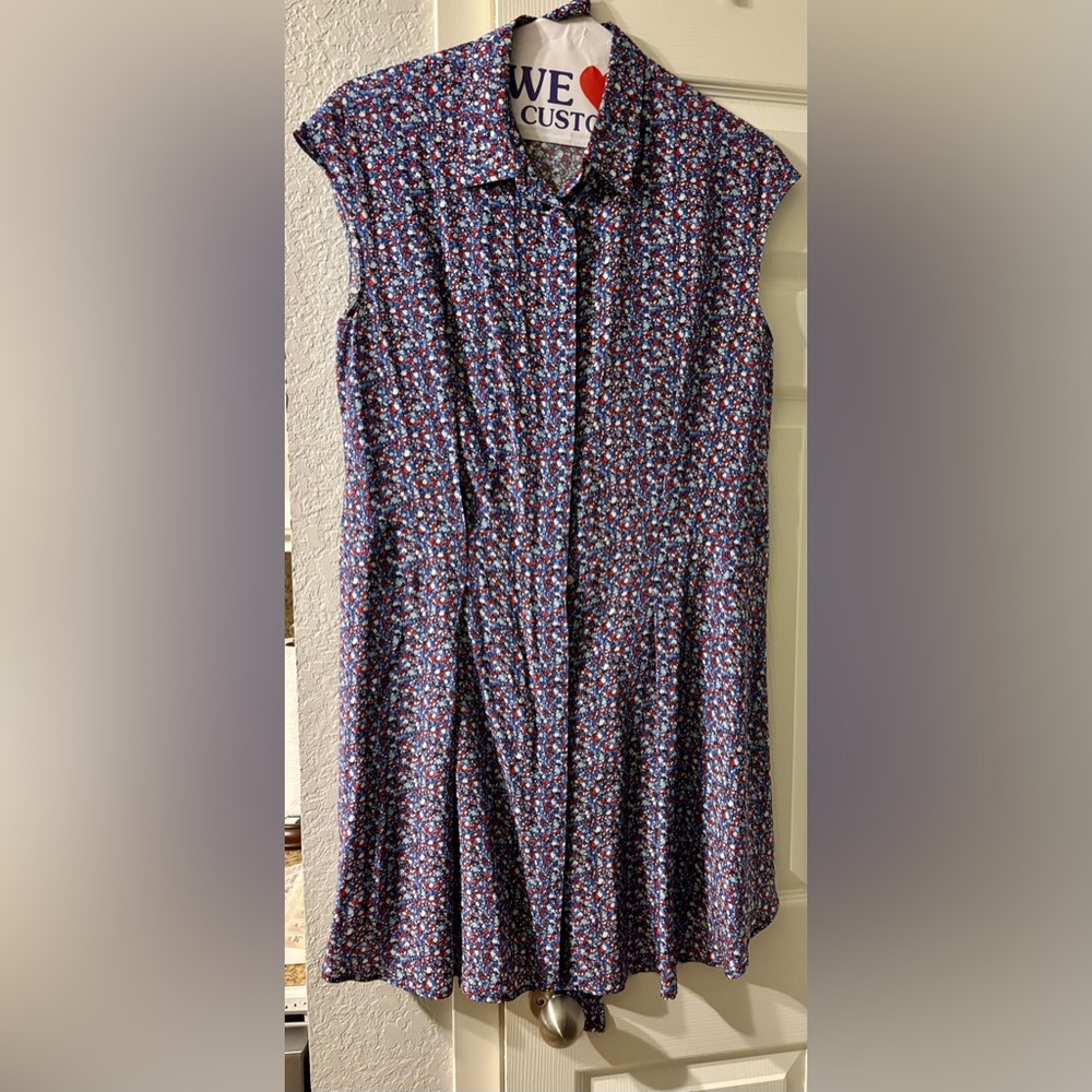 Tory Burch Sleeveless Button Down Dress with Tie. 100% Silk, RW&B Confetti